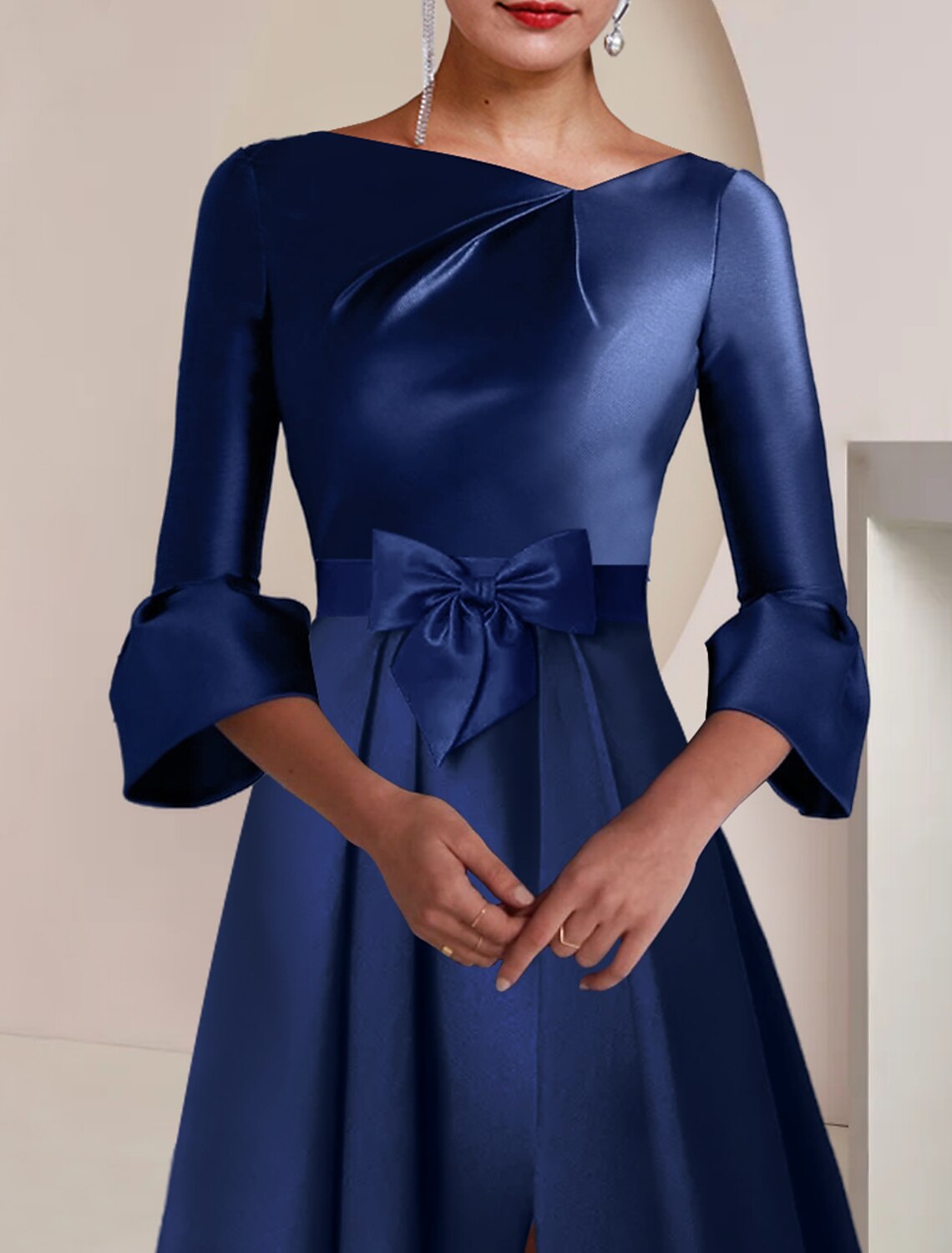 A-Line Mother of the Bride Dress Formal Wedding Guest Party Elegant Bateau Neck Tea Length Satin 3/4 Length Sleeve with Bow(s)