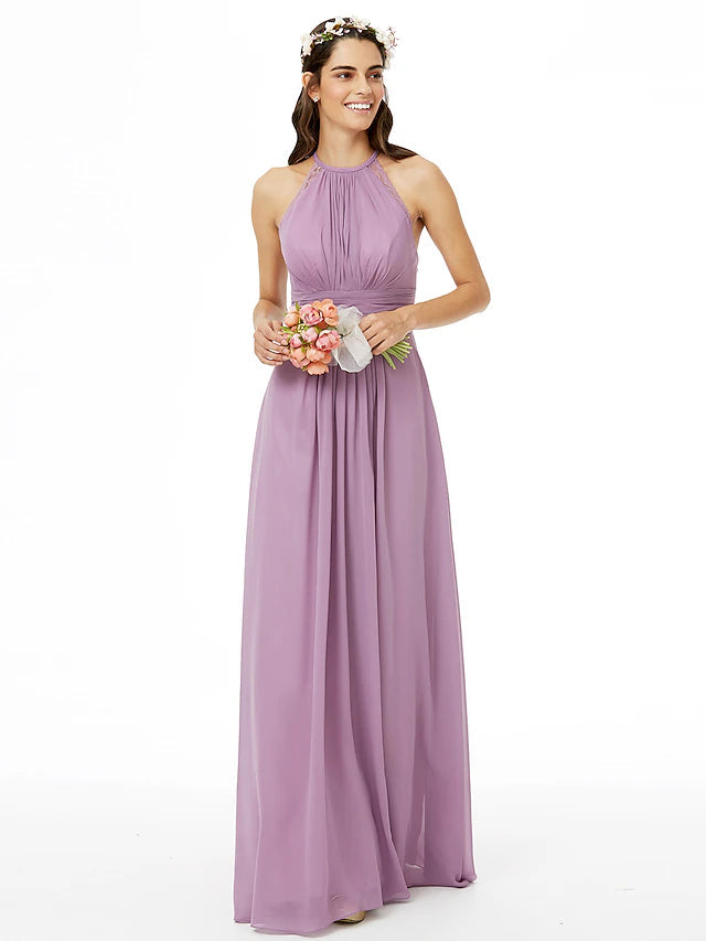 Sheath / Column Bridesmaid Dress Jewel Neck Sleeveless Beautiful Back Floor Length Chiffon with Lace / Sash / Ribbon