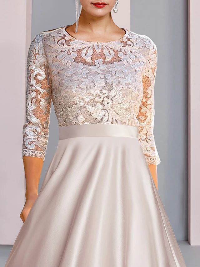 A-Line Mother of the Bride Dress Wedding Guest Party Elegant Scoop Neck Tea Length Satin Lace 3/4 Length Sleeve
