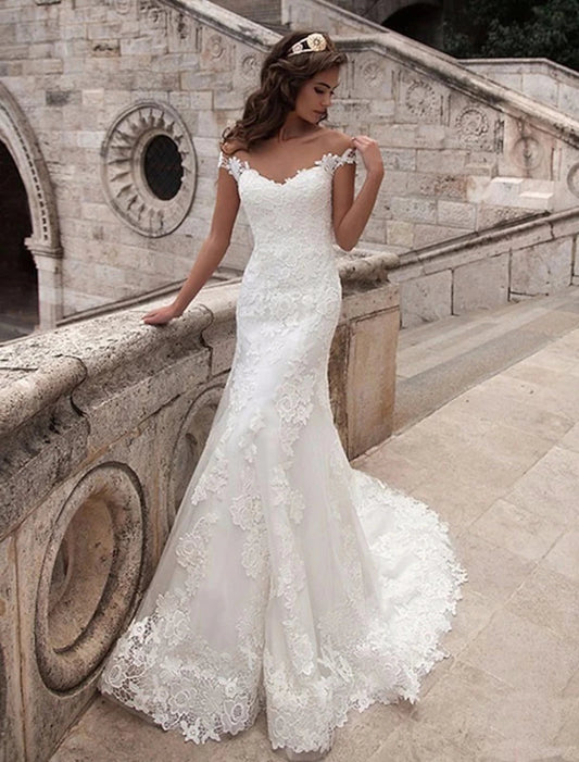 Engagement Open Back Formal Wedding Dresses Mermaid / Trumpet Off Shoulder Cap Sleeve Court Train Lace Bridal Gowns