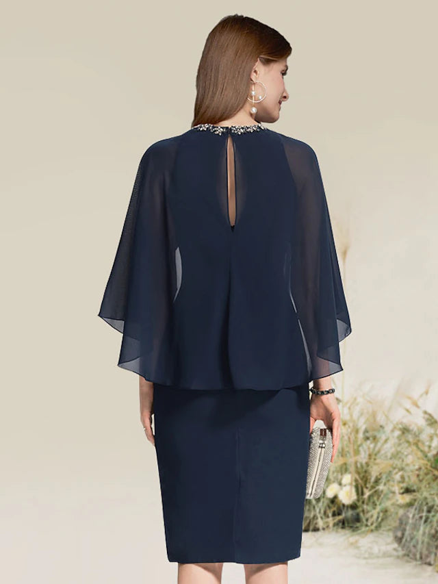 Sheath / Column Cocktail Dresses Little Black Dress Dress Party Wear Knee Length Half Sleeve Jewel Neck Chiffon