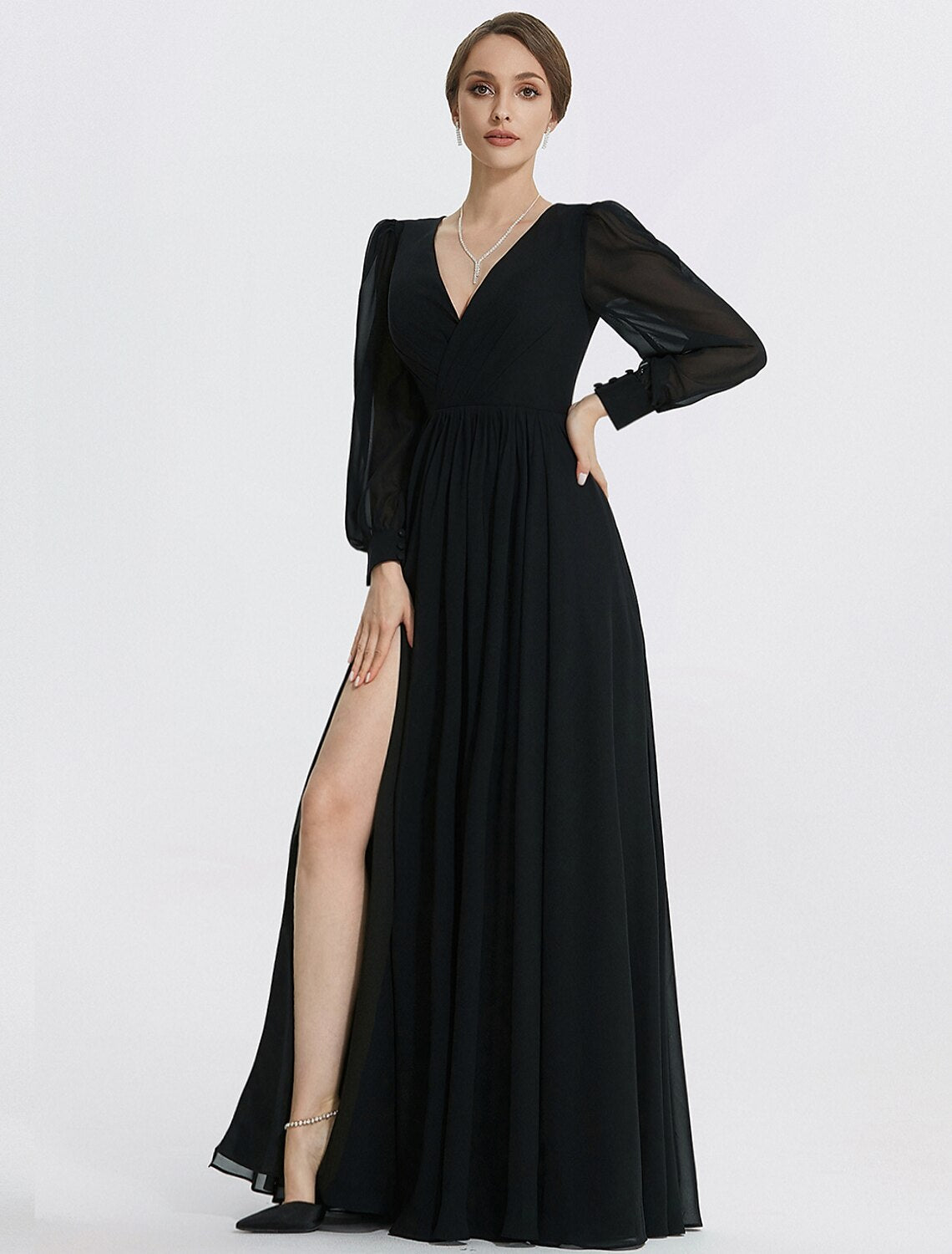 A-Line Evening Gown Elegant Dress Formal Floor Length Long Sleeve V Neck Chiffon