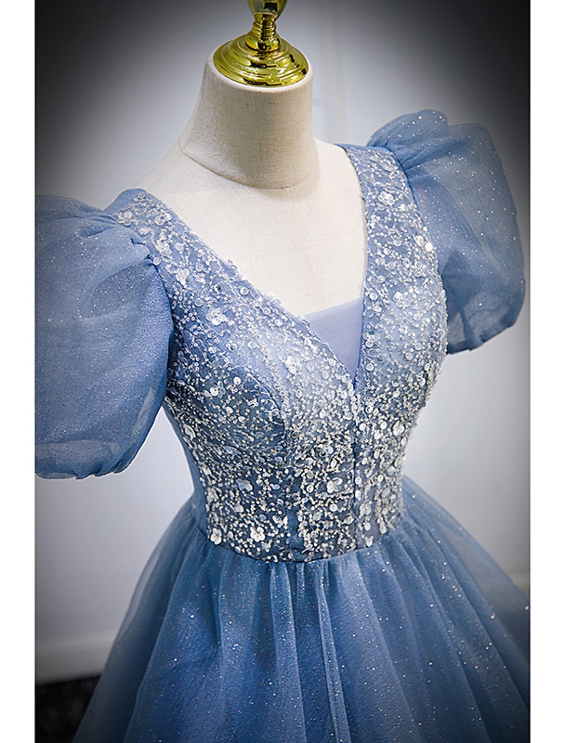 A-Line Prom Dresses Puffy Dress Wedding Guest Quinceanera Floor Length Short Sleeve V Neck Tulle
