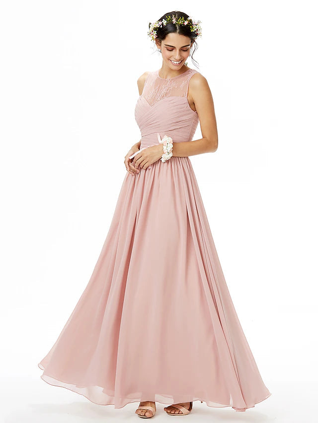 A-Line Bridesmaid Dress Jewel Neck Sleeveless See Through Floor Length Chiffon / Lace with Lace / Criss Cross
