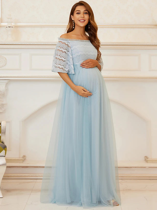 A-Line Mother of the Bride Dress Maternity Elegant Off Shoulder Floor Length Lace Tulle Sleeveless with Tier Beautiful