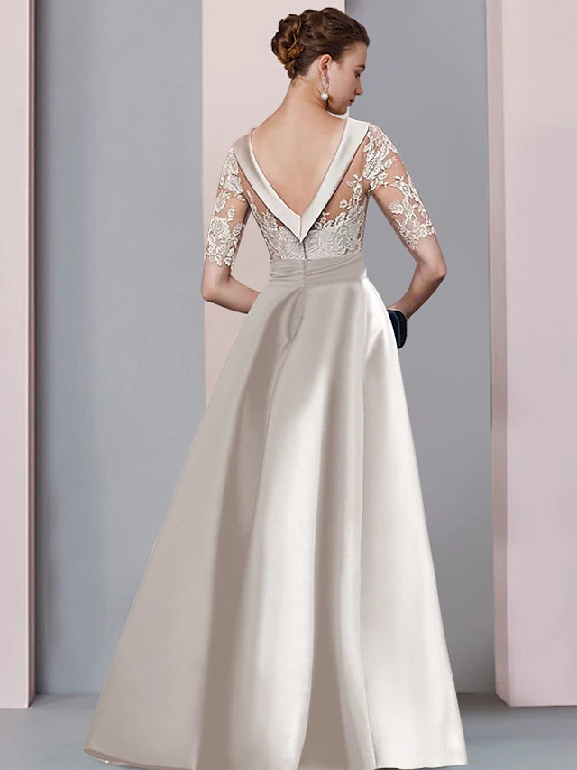 A-Line Mother of the Bride Dress Wedding Guest Elegant Scoop Neck Floor Length Satin Lace Half Sleeve