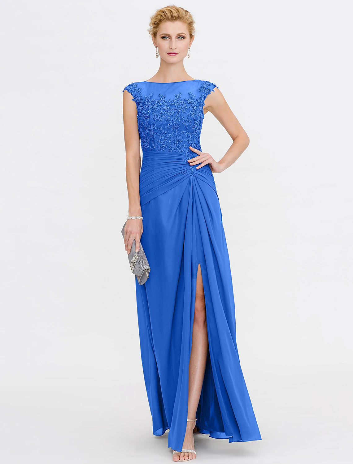 A-Line Mother of the Bride Dress Wedding Guest Elegant See Through Bateau Neck Floor Length Chiffon Lace Sleeveless