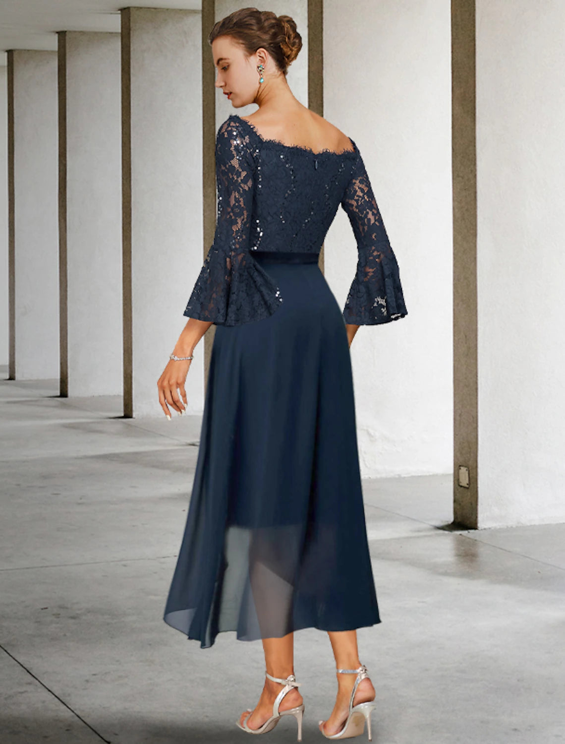 Two Piece Sheath / Column Mother of the Bride Dress Formal Wedding Guest Party Elegant Off Shoulder Knee Length Chiffon Lace Imitated Silk 3/4 Length Sleeve
