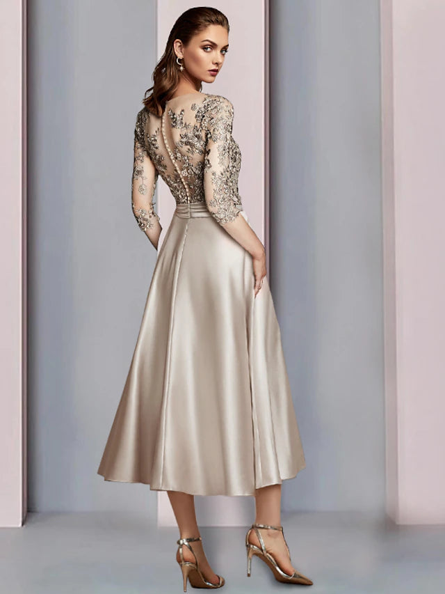 A-Line Mother of the Bride Dress Wedding Guest Elegant V Neck Tea Length Satin Lace Half Sleeve