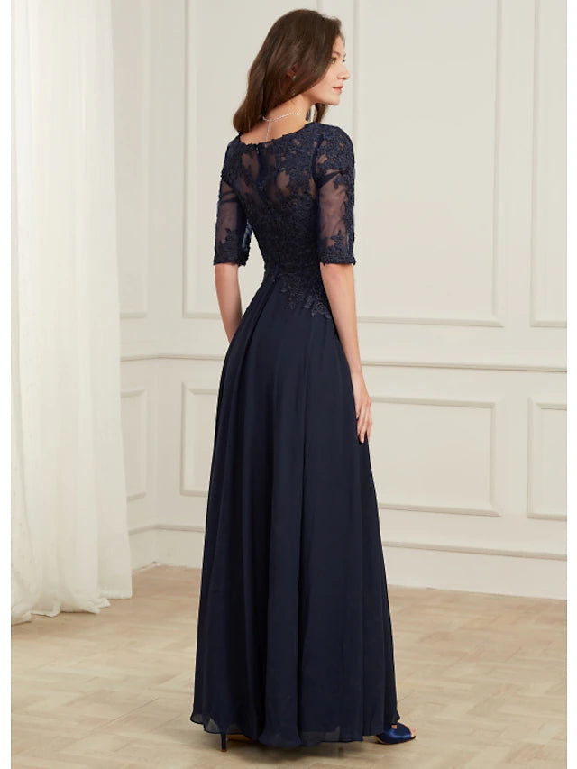 A-Line Elegant Wedding Guest Formal Evening Dress Jewel Neck Half Sleeve Floor Length Tulle