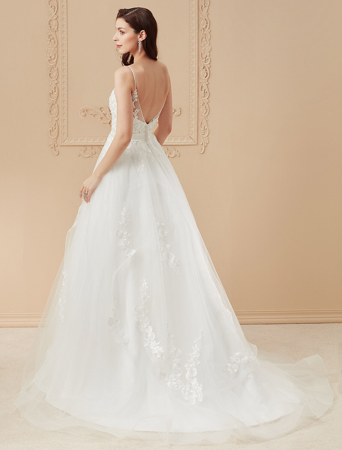 Ball Gown Wedding Dresses V Neck Sweep / Brush Train Satin Tulle Over Lace Spaghetti Strap Romantic Illusion Detail Backless