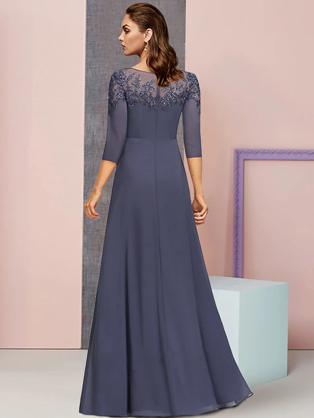 A-Line Mother of the Bride Dress Formal Elegant Jewel Neck Floor Length Chiffon Lace 3/4 Length Sleeve with Sequin