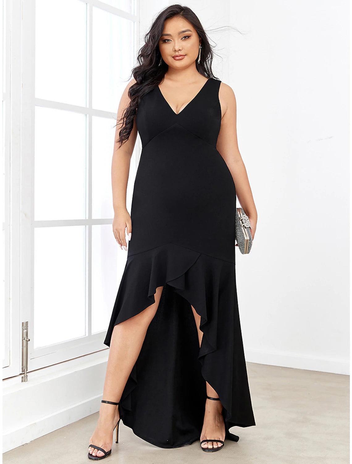 Mermaid / Trumpet Evening Gown Sexy Dress Formal Wedding Guest Asymmetrical Sleeveless V Neck Nylon V Back with Ruffles