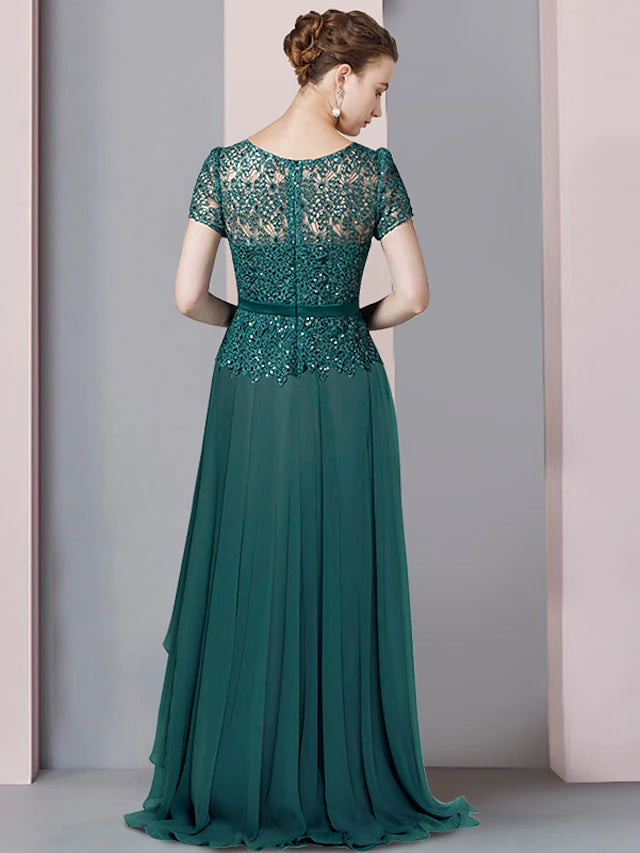 A-Line Mother of the Bride Dress Formal Party Sparkle & Shine Elegant V Neck Floor Length Chiffon Sequined Short Sleeve with Pleats