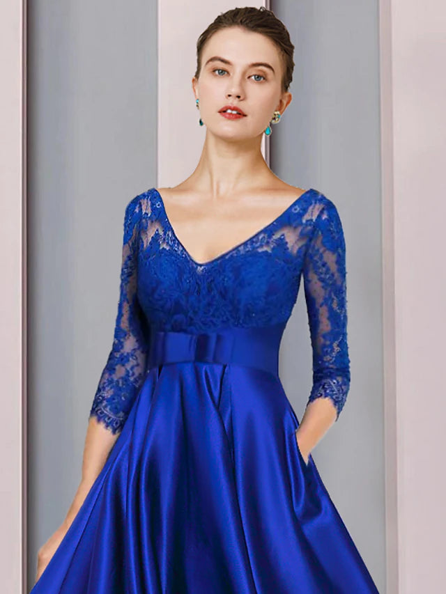 A-Line Mother of the Bride Dress Formal Wedding Guest Elegant High Low Jewel Neck V Neck Asymmetrical Tea Length Satin Lace 3/4 Length Sleeve with Bow(s)
