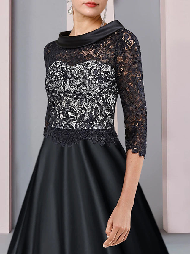 A-Line Mother of the Bride Dress Formal Wedding Guest Party Elegant Bateau Neck Tea Length Satin Lace Half Sleeve with Pleats