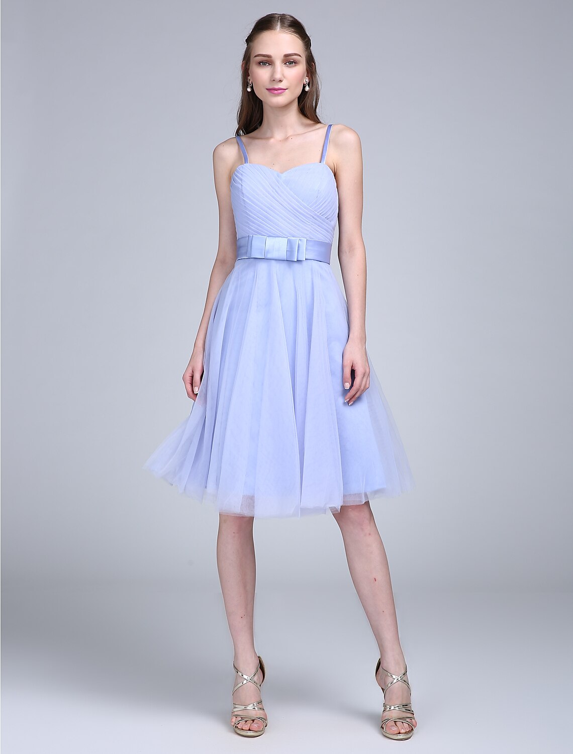 A-Line Bridesmaid Dress Spaghetti Strap Sleeveless Knee Length Tulle with Bow(s) Cross