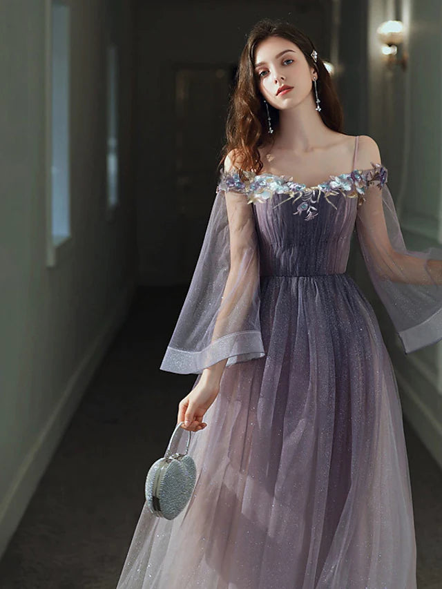 A-Line Minimalist Elegant Party Wear Prom Dress Off Shoulder Long Sleeve Floor Length Tulle