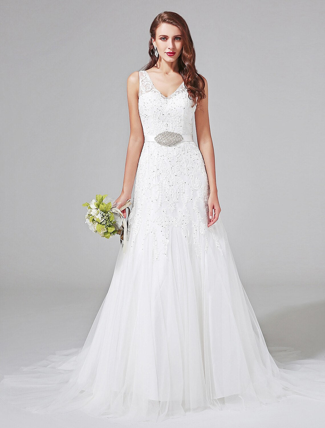 Wedding Dresses A-Line V Neck Sleeveless Court Train Lace Bridal Gowns With Sash Beading