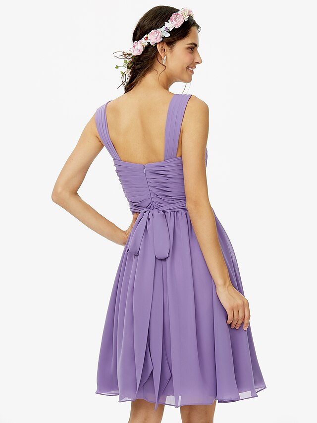 A-Line Bridesmaid Dress Straps Sleeveless Open Back Knee Length Chiffon with Sash / Ribbon / Bow(s)