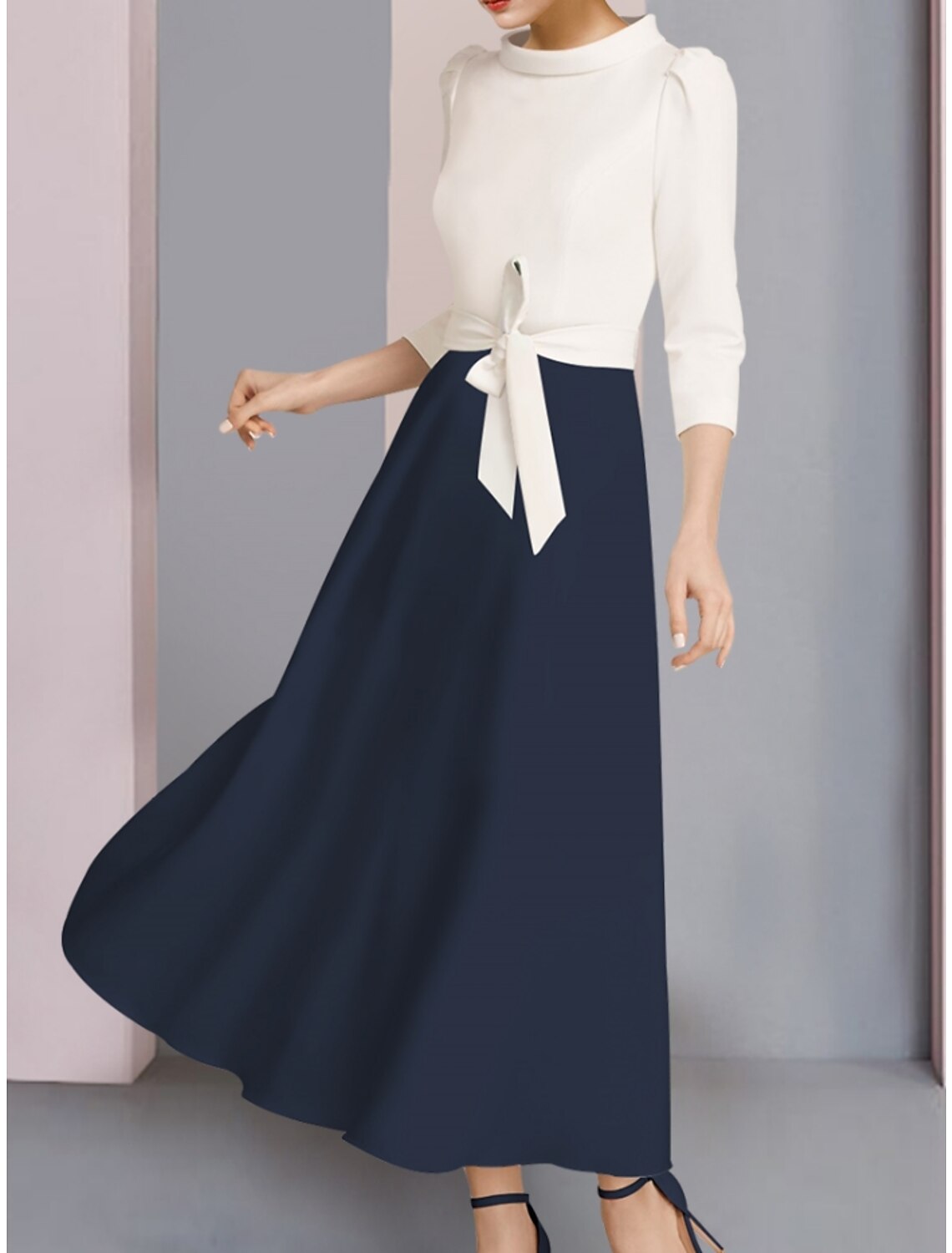 A-Line Mother of the Bride Dress Wedding Guest Elegant Scoop Neck Ankle Length Stretch Fabric 3/4 Length Sleeve