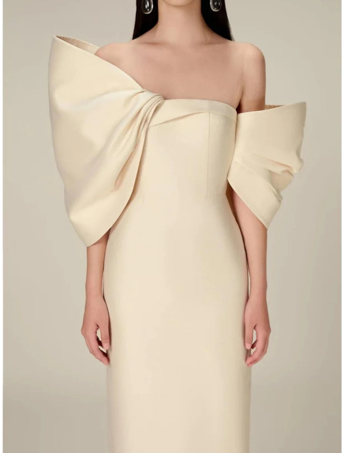 Sheath / Column Evening Gown Elegant Dress Formal Tea Length Half Sleeve Off Shoulder Satin with Bow(s)
