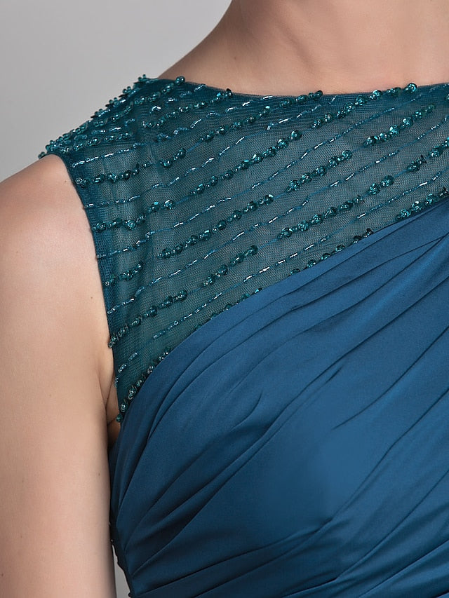 Sheath / Column Mother of the Bride Dress Vintage Inspired Jewel Neck Floor Length Satin Chiffon Sleeveless