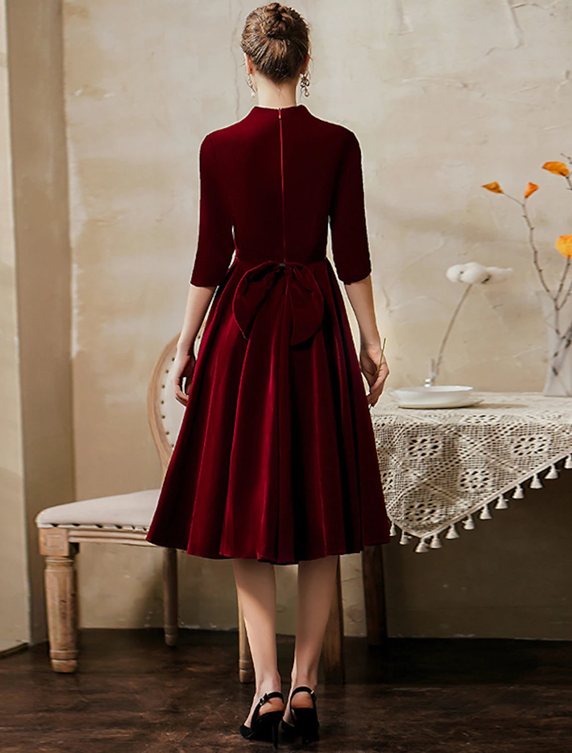 A-Line Minimalist Vintage Party Wear Cocktail Party Dress V Neck Half Sleeve Tea Length Velvet