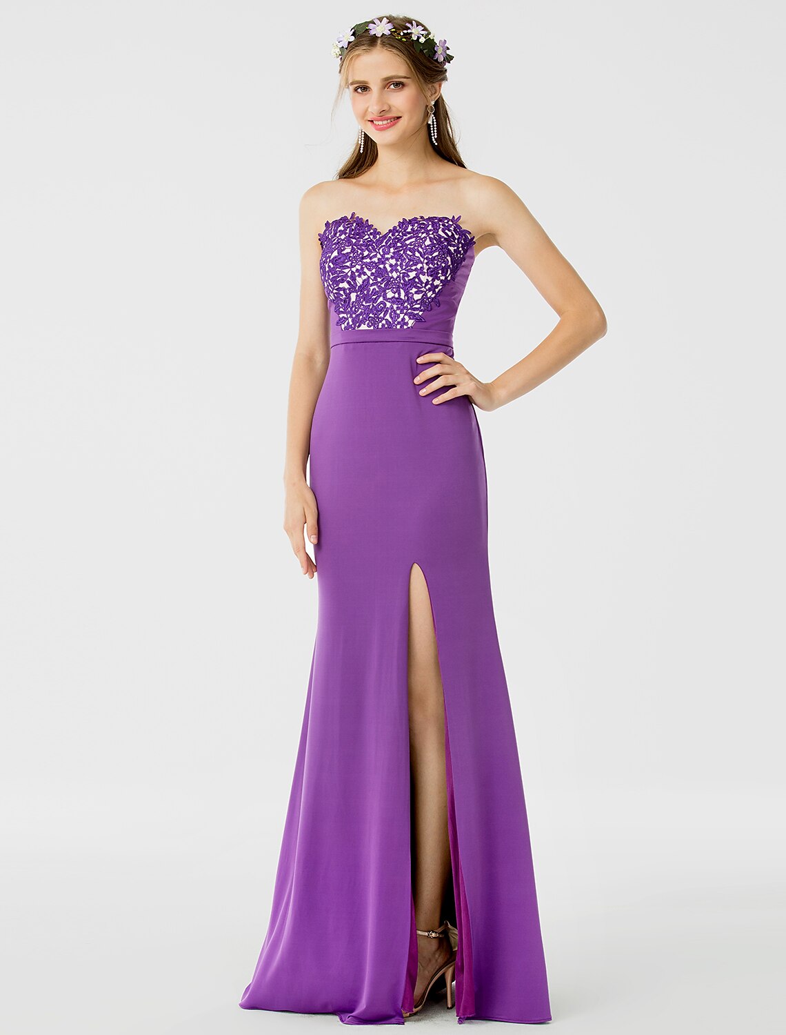 Sheath / Column Bridesmaid Dress Sweetheart Sleeveless Open Back Floor Length Jersey / Floral Lace with Sash / Ribbon / Appliques