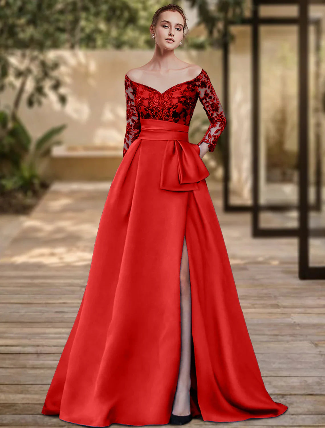 Sheath / Column Evening Gown High Split Dress Formal Wedding Guest Sweep / Brush Train 3/4 Length Sleeve Off Shoulder Charmeuse with Bow(s)
