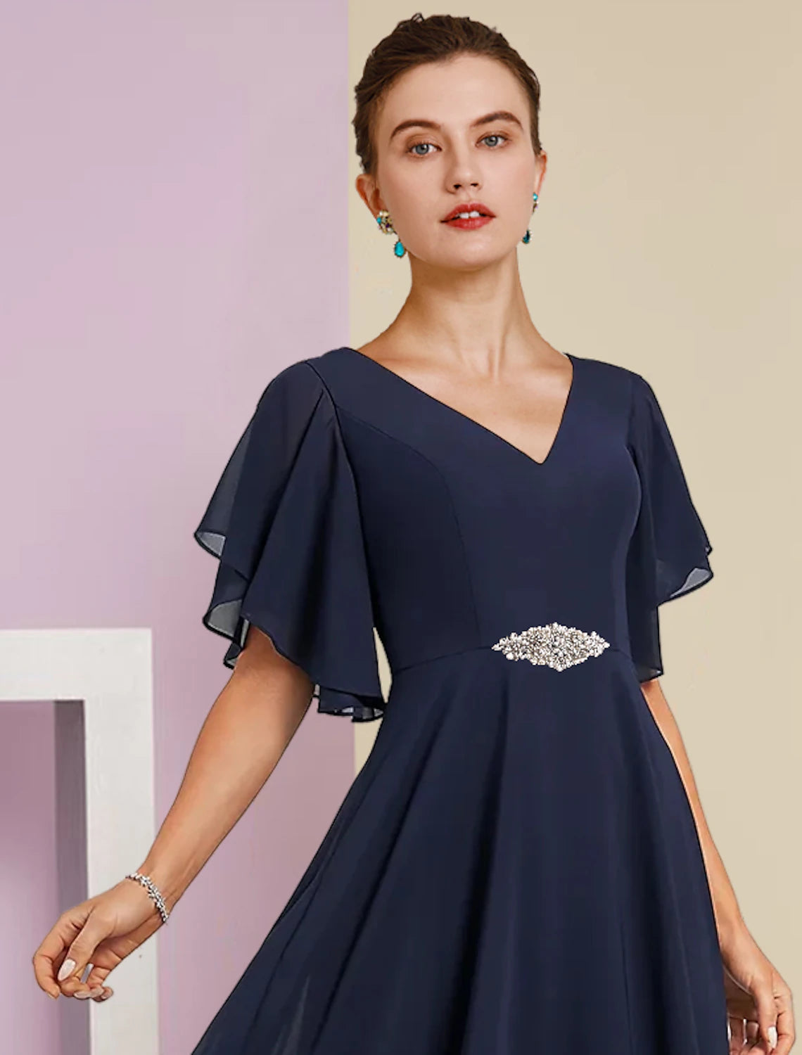 A-Line Mother of the Bride Dress Formal Fall Wedding Guest Elegant V Neck Tea Length Chiffon Lace Short Sleeve