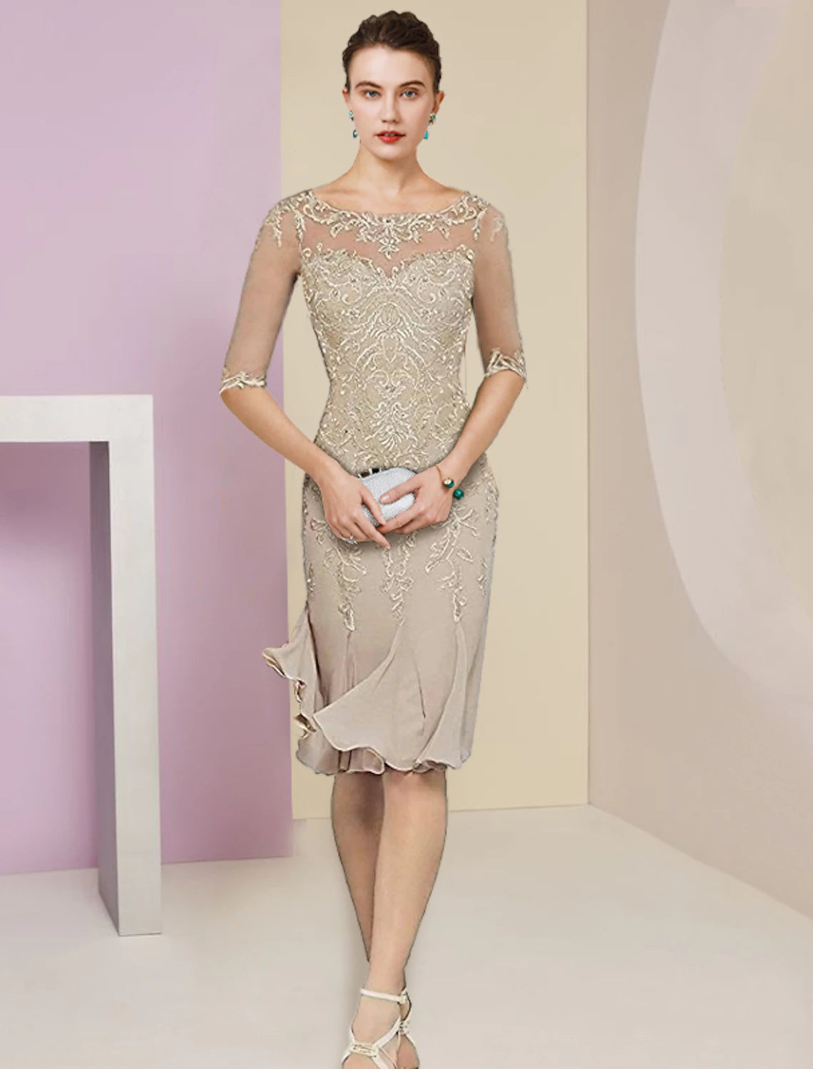 Two Piece Mermaid / Trumpet Mother of the Bride Dress Formal Wedding Guest Vintage Elegant Scoop Neck Knee Length Chiffon Lace Half Sleeve Jacket Dresses