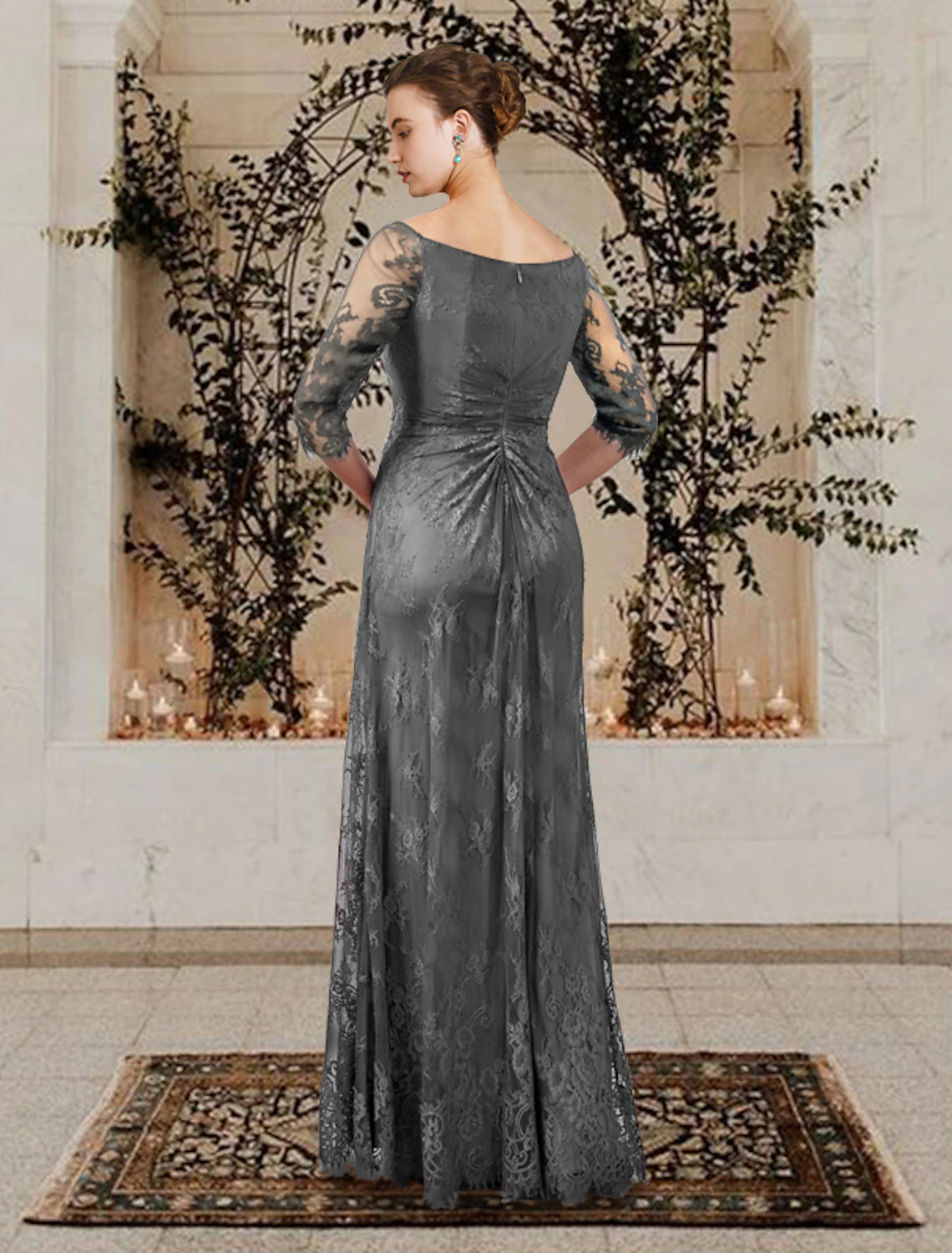 A-Line Mother of the Bride Dress Wedding Guest Plus Size Elegant Jewel Neck Floor Length Lace Short Sleeve with Ruffles Crystal Brooch