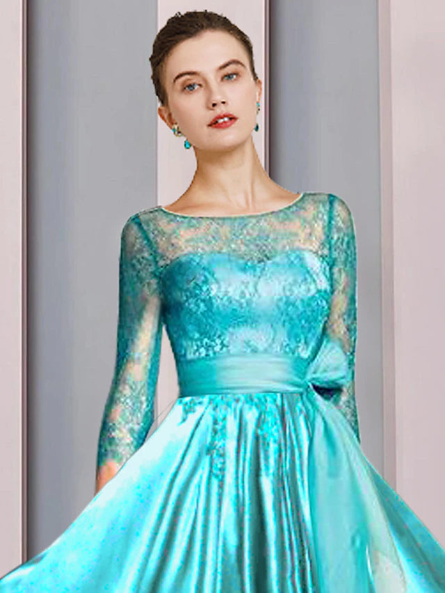A-Line Mother of the Bride Dress Formal Wedding Guest Party Elegant Scoop Neck Ankle Length Satin Lace 3/4 Length Sleeve with Bow(s)