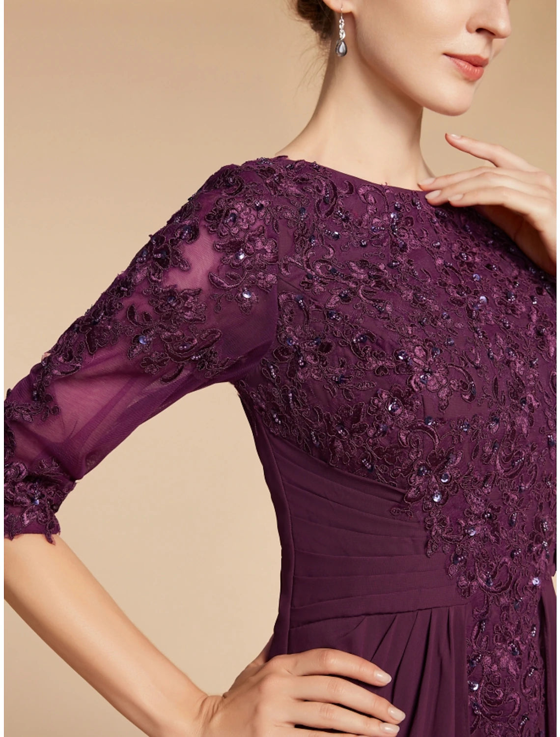 Sheath / Column Mother of the Bride Dress Wedding Guest Elegant Scoop Neck Floor Length Chiffon Lace Half Sleeve with Pleats