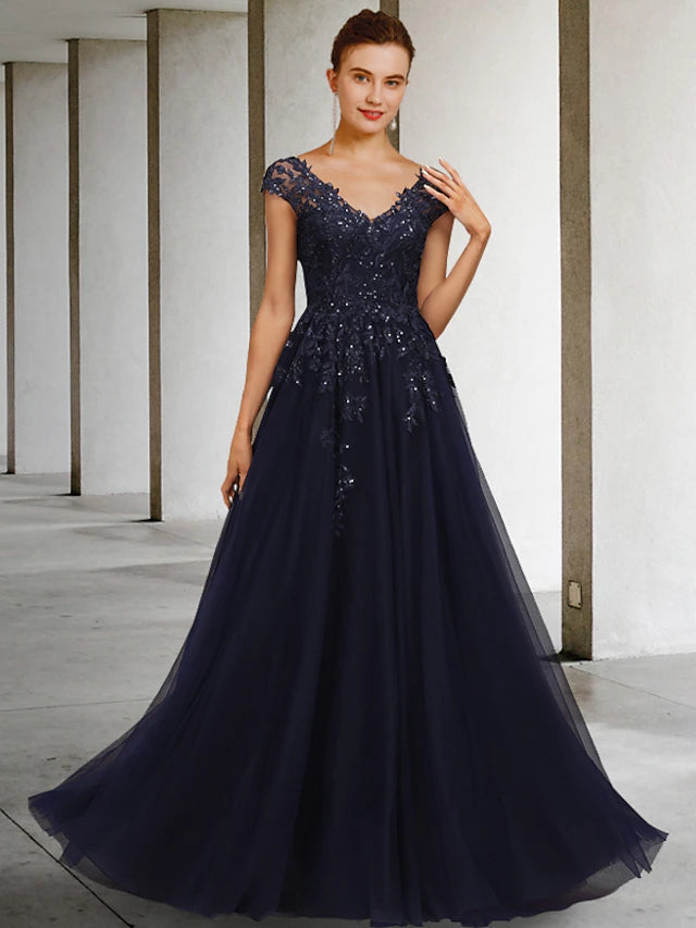 A-Line Mother of the Bride Dress Vintage Elegant V Neck Floor Length Tulle Sequined Cap Sleeve