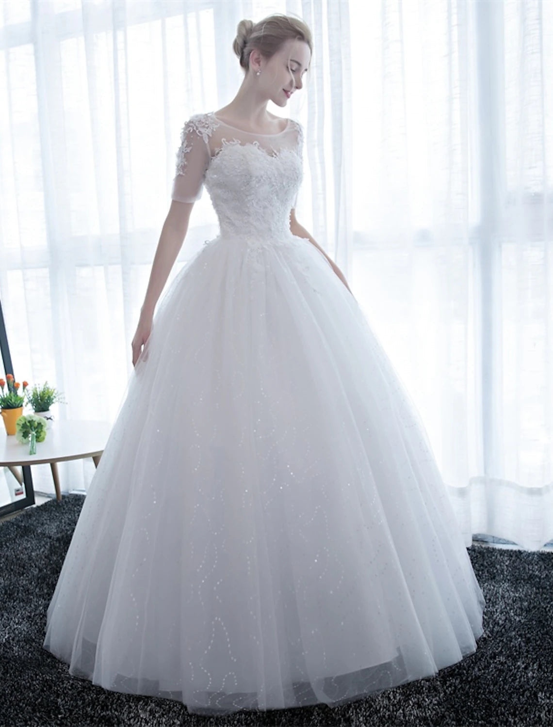 Reception Formal Wedding Dresses Ball Gown Illusion Neck Half Sleeve Floor Length Satin Bridal Gowns