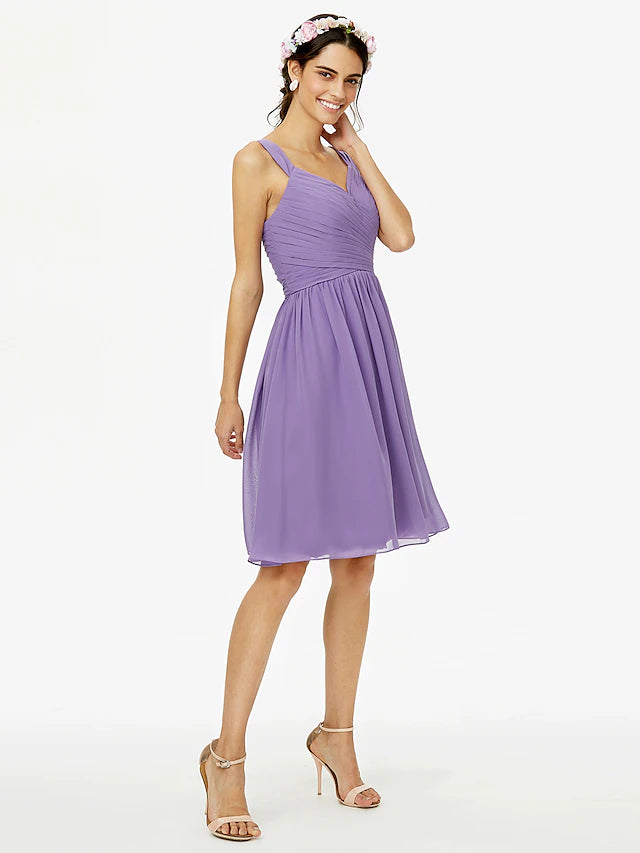 A-Line Bridesmaid Dress Straps Sleeveless Open Back Knee Length Chiffon with Sash / Ribbon / Bow(s)