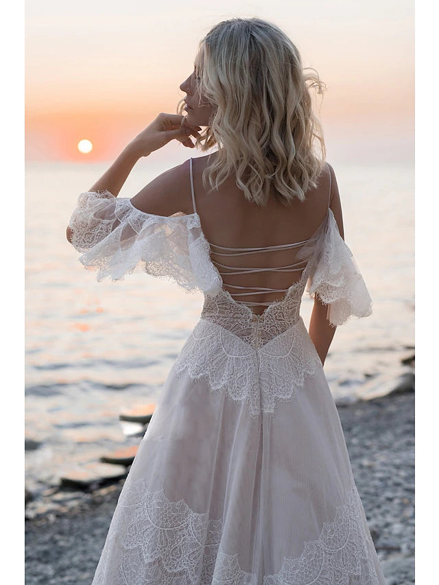 Beach Open Back Boho Wedding Dresses Sweep / Brush Train A-Line Short Sleeve V Neck Lace