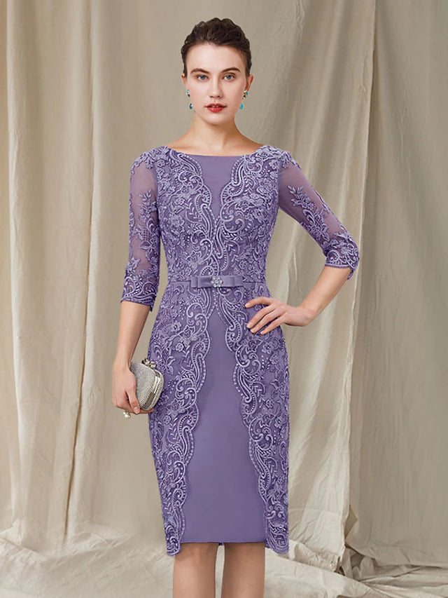 Sheath / Column Mother of the Bride Dress Elegant Bateau Neck Knee Length Chiffon Lace 3/4 Length Sleeve