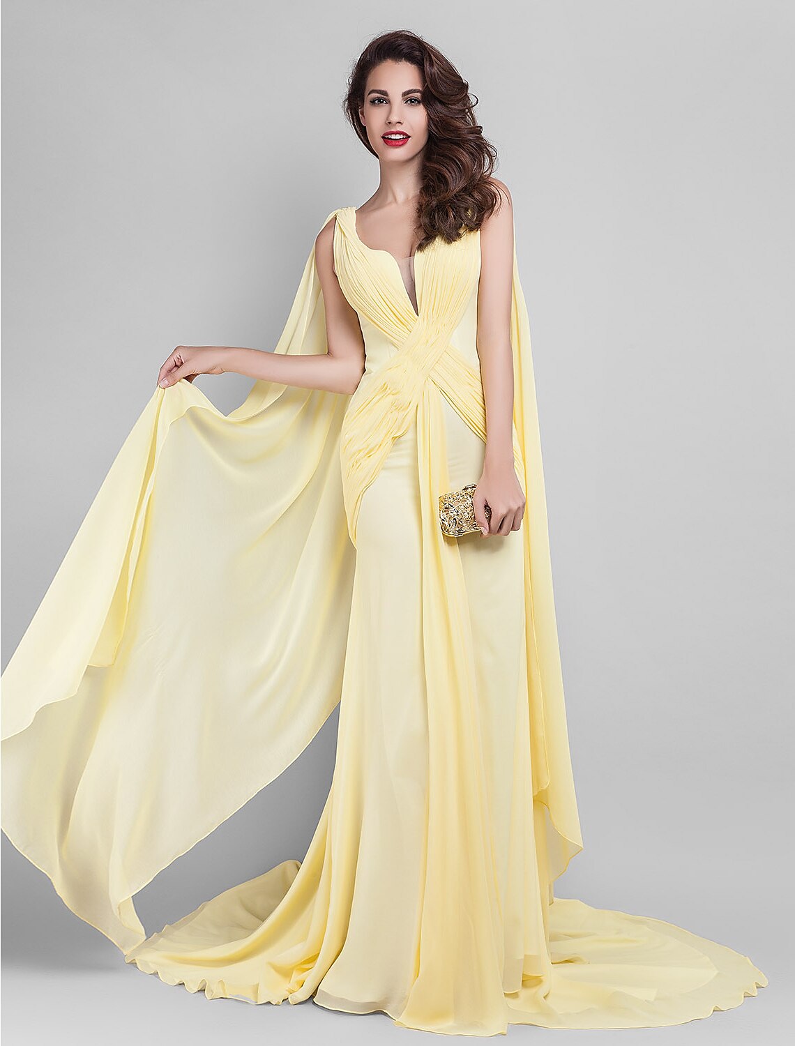 Sheath / Column Elegant Dress Wedding Guest Court Train Sleeveless Plunging Neck Georgette V Back with Criss Cross Side