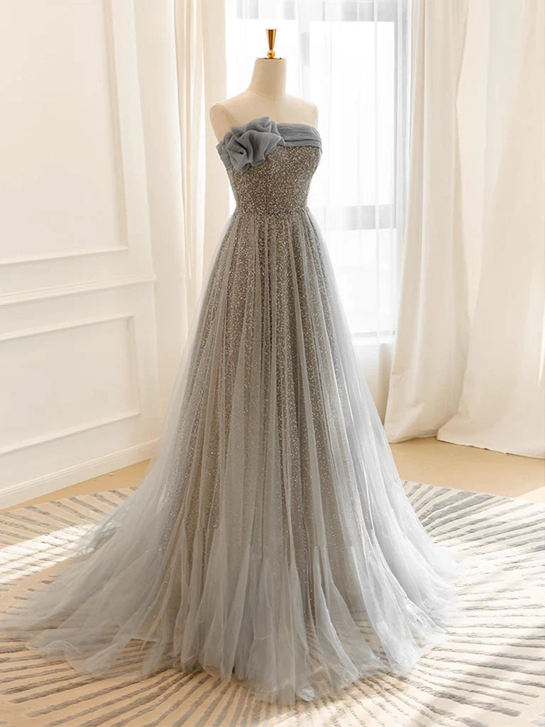A-Line Tulle Sequin Long Prom Dress Sparkly