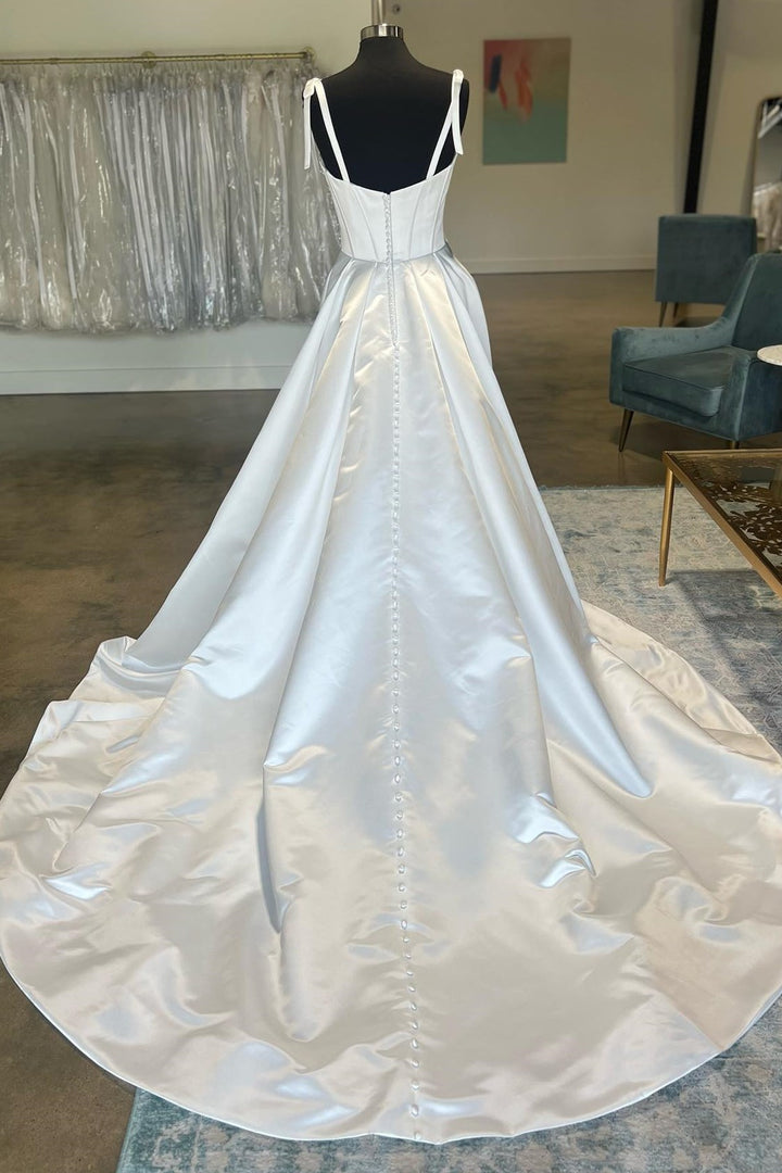 White Sweetheart Bow-Strap A-Line Long Wedding Dress Beautiful