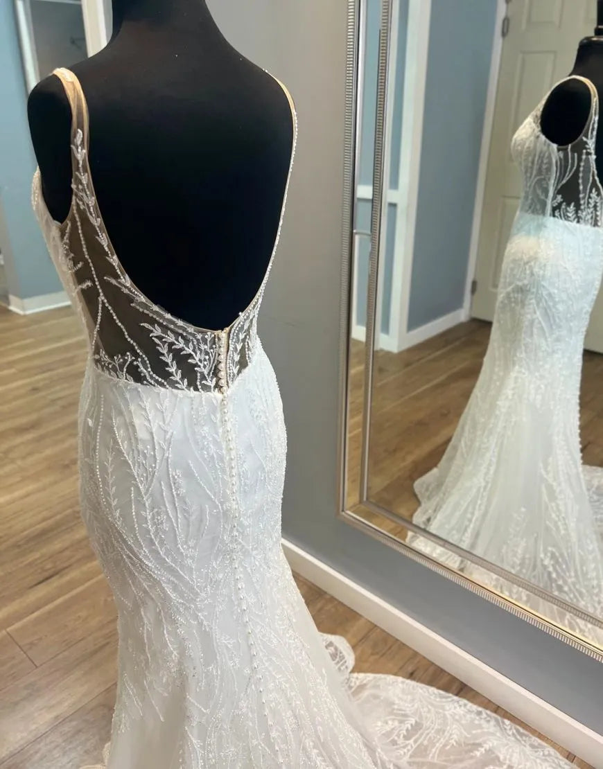 Mermaid V-Neck Train Open Back Lace Wedding Dress Sexy Long