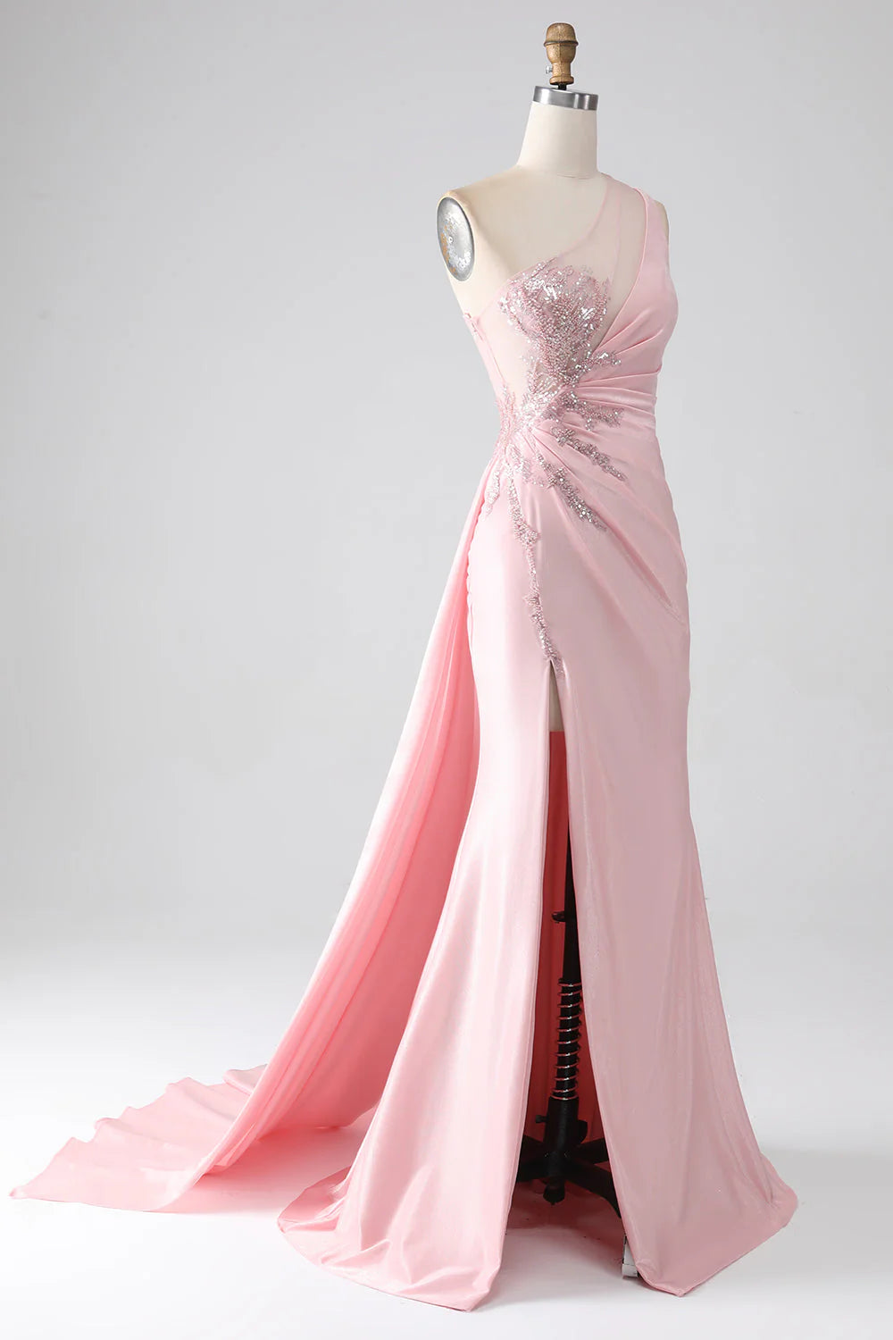 Mermaid One Shoulder Sequins Appliques Ruched Prom Dress With Slit Long