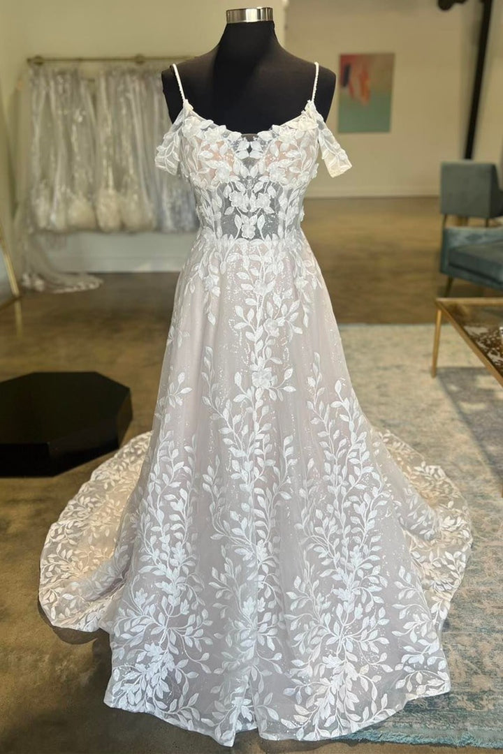 Ivory Cold-Shoulder Appliques A-Line Wedding Dress Long