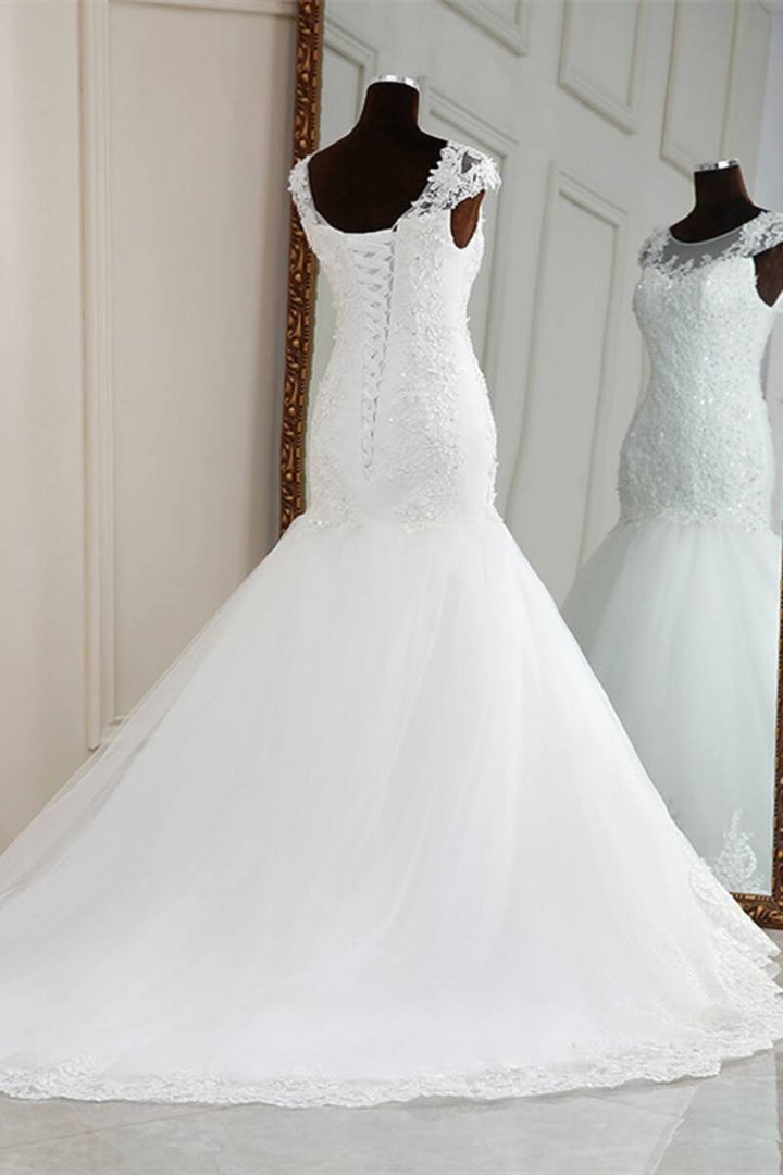 Elegant White Beaded Embroidered Cap Sleeve Trumpet Wedding Dress Long