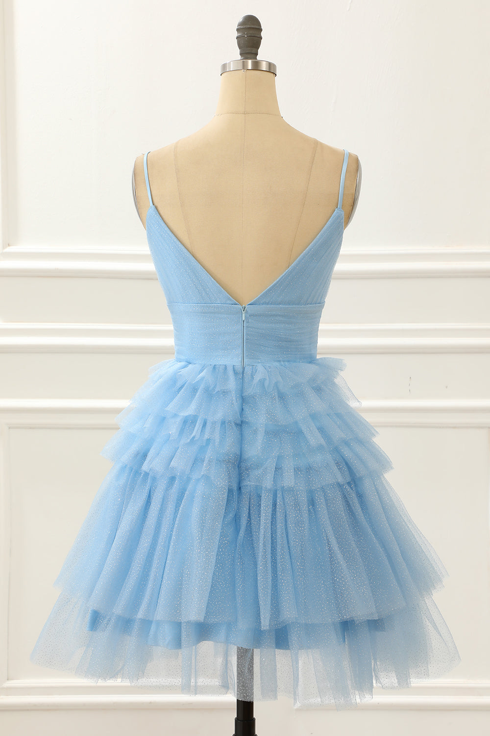 Light Blue A-Line Cute Homecoming Dress With Ruffles V-neck Short