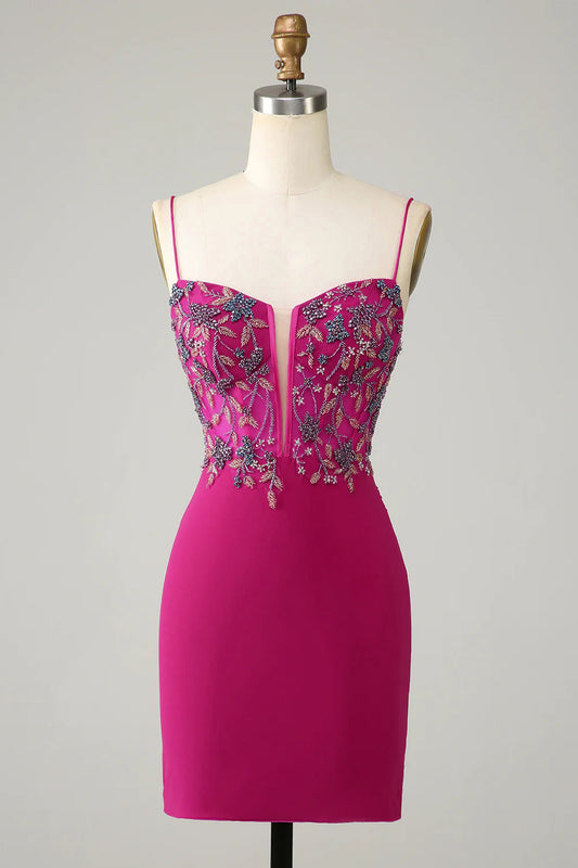 Stylish Bodycon Spaghetti Straps Fuchsia Short Homecoming Dress with Beaded Beautiful