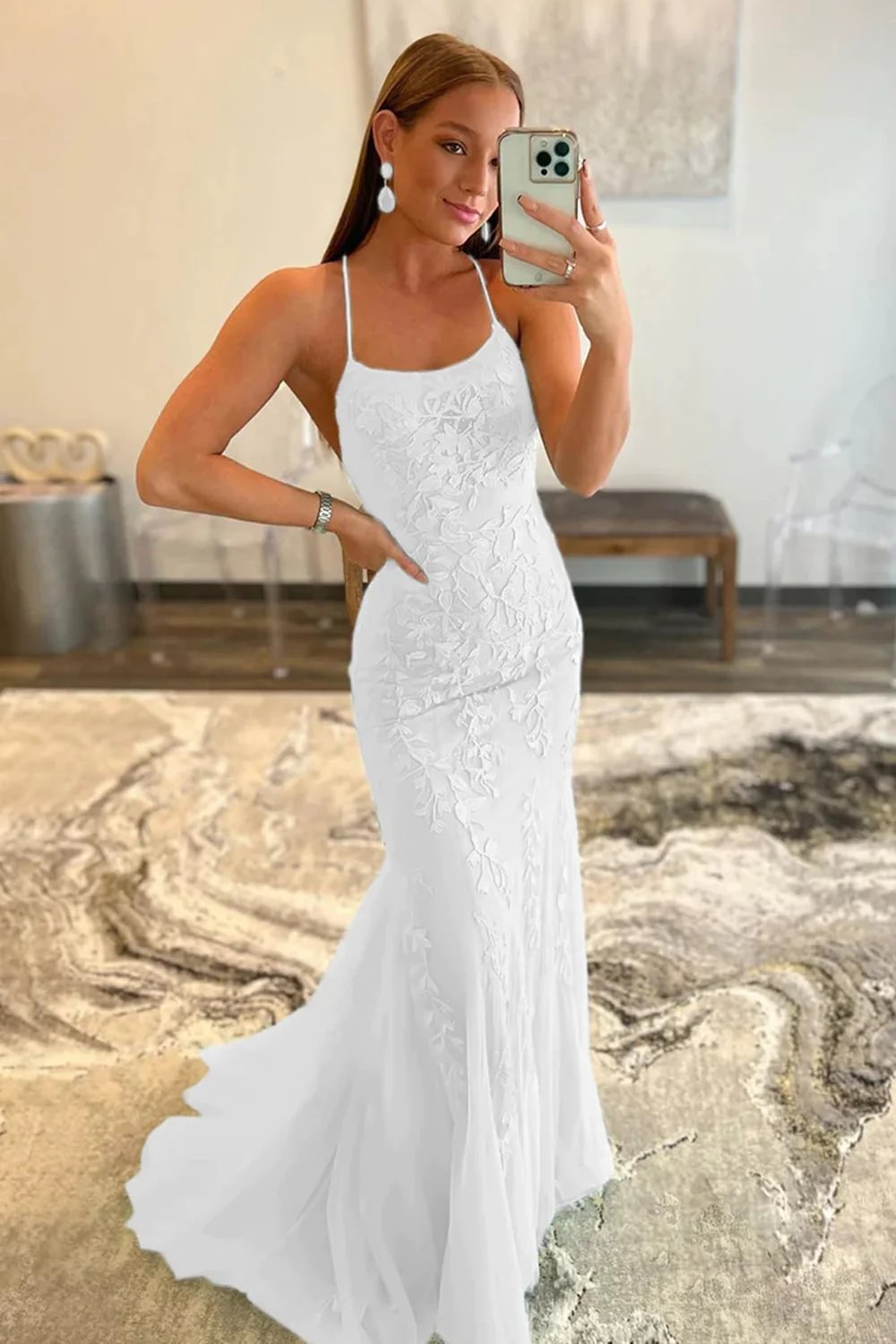 A-Line Mermaid Blue Long Prom Dress Backless Evening Dress